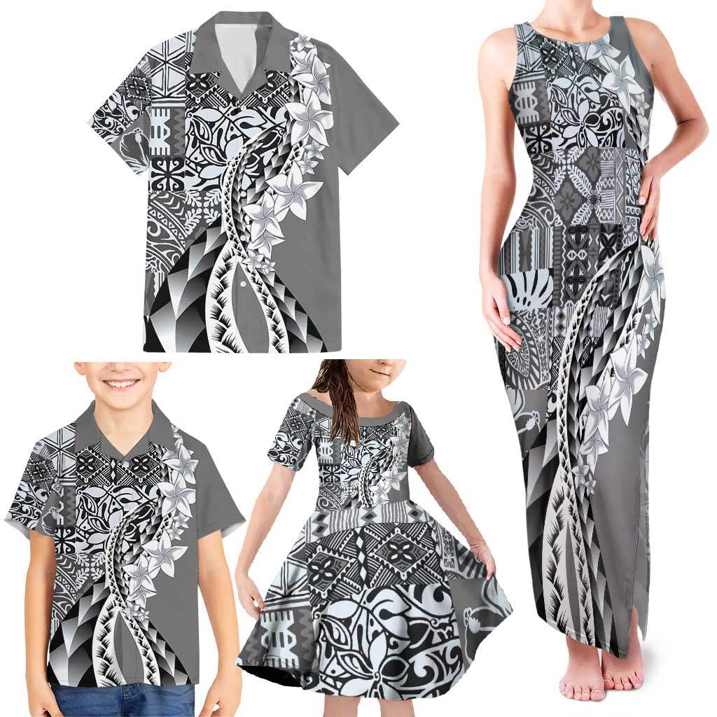 Aloha Vintage Plumeria Hawaiian Tapa Pattern Family Matching Tank Maxi Dress and Hawaiian Shirt Gray Hawaiian Tapa Pattern - Polynesian Pride