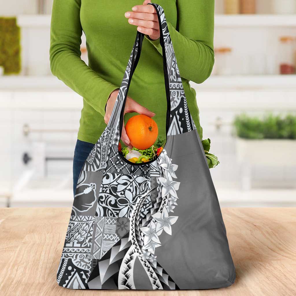 Aloha Vintage Plumeria Hawaiian Tapa Pattern Grocery Bag Gray Hawaiian Tapa Pattern - Polynesian Pride