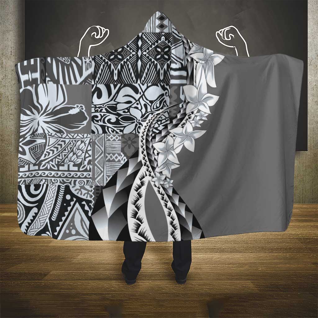 Aloha Vintage Plumeria Hawaiian Tapa Pattern Hooded Blanket Gray Hawaiian Tapa Pattern - Polynesian Pride