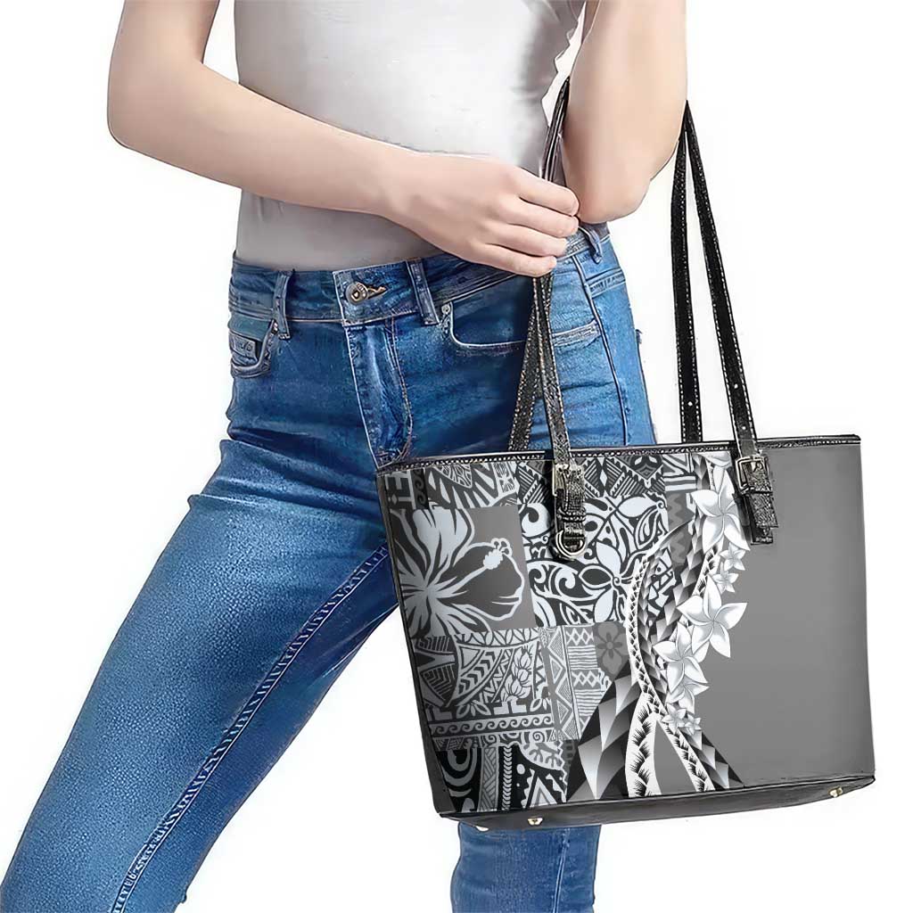 Aloha Vintage Plumeria Hawaiian Tapa Pattern Leather Tote Bag Gray Hawaiian Tapa Pattern - Polynesian Pride