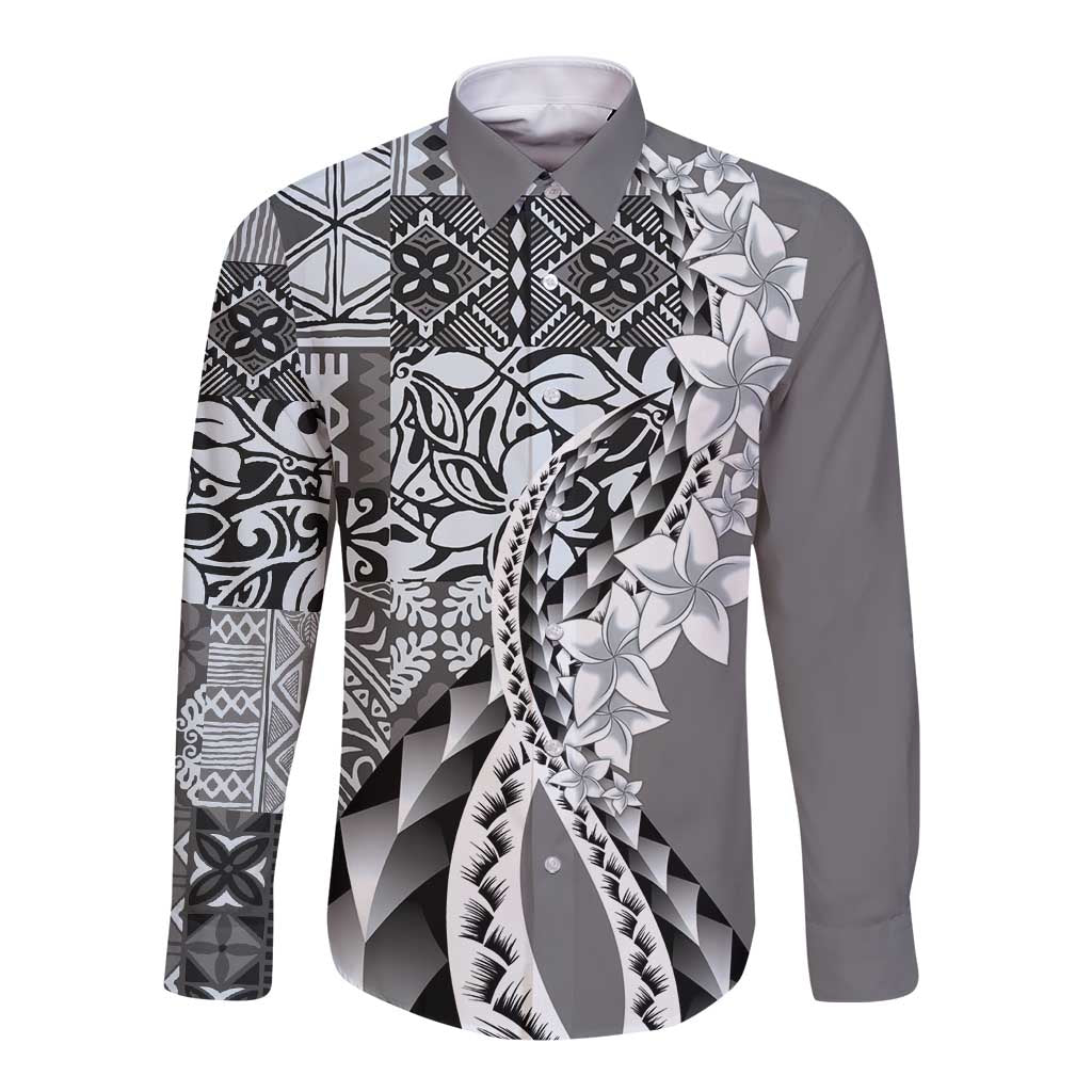 Aloha Vintage Plumeria Hawaiian Tapa Pattern Long Sleeve Button Shirt Gray Hawaiian Tapa Pattern - Polynesian Pride