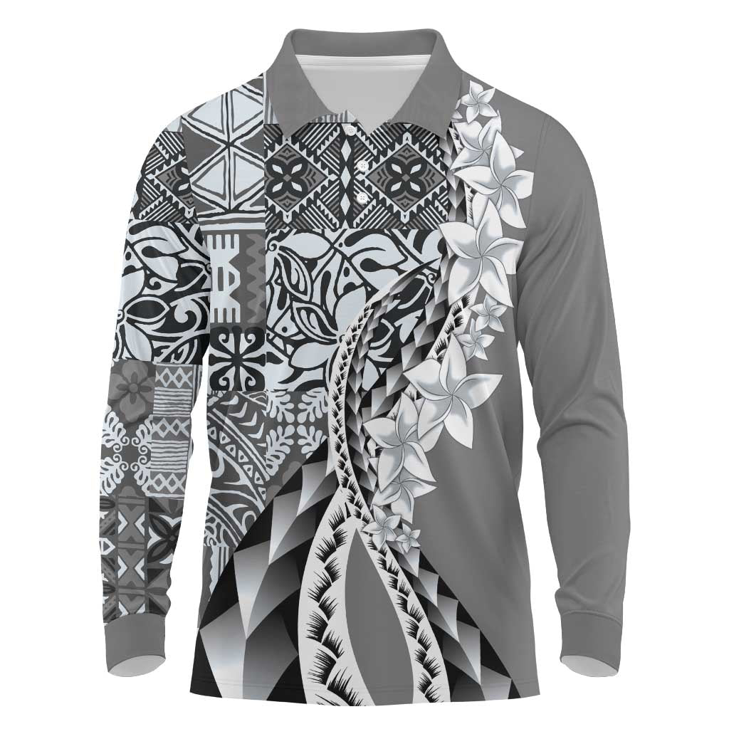 Aloha Vintage Plumeria Hawaiian Tapa Pattern Long Sleeve Polo Shirt Gray Hawaiian Tapa Pattern - Polynesian Pride