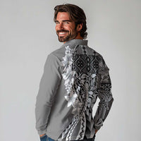 Aloha Vintage Plumeria Hawaiian Tapa Pattern Long Sleeve Polo Shirt Gray Hawaiian Tapa Pattern - Polynesian Pride