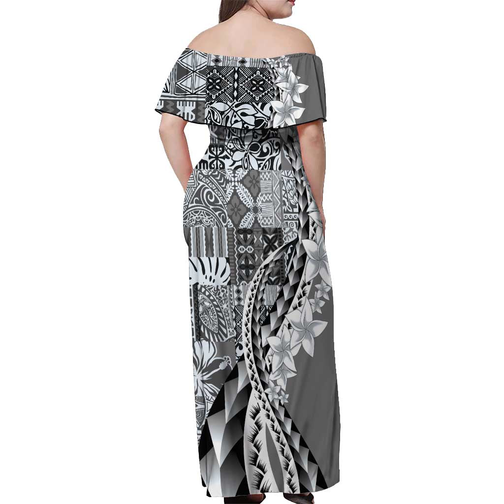 Aloha Vintage Plumeria Hawaiian Tapa Pattern Off Shoulder Maxi Dress Gray Hawaiian Tapa Pattern - Polynesian Pride