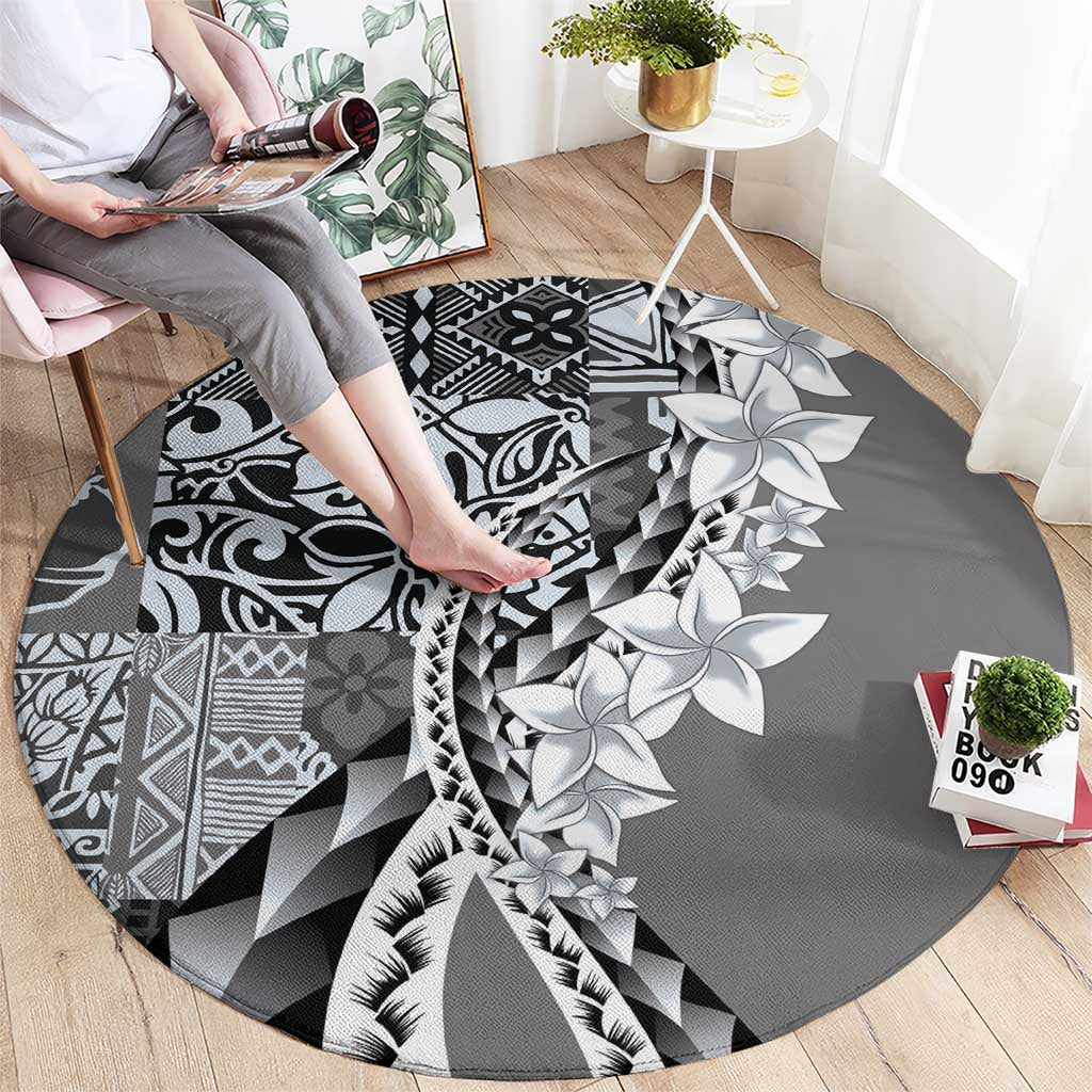 Aloha Vintage Plumeria Hawaiian Tapa Pattern Round Carpet Gray Hawaiian Tapa Pattern - Polynesian Pride