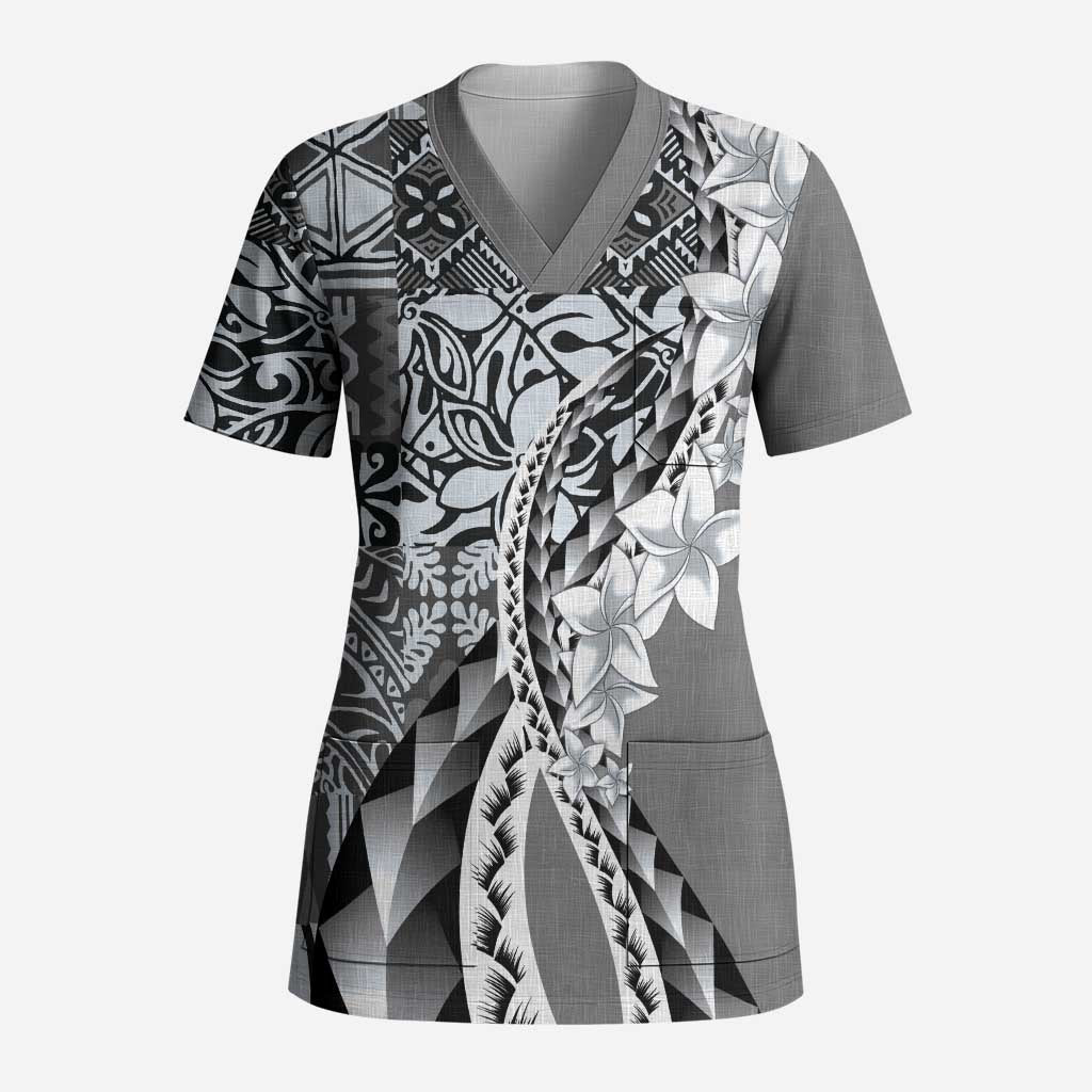 Aloha Vintage Plumeria Hawaiian Tapa Pattern Scrub Top Gray Hawaiian Tapa Pattern LT9 Adult Gray - Polynesian Pride
