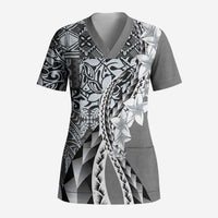 Aloha Vintage Plumeria Hawaiian Tapa Pattern Scrub Top Gray Hawaiian Tapa Pattern LT9 Adult Gray - Polynesian Pride