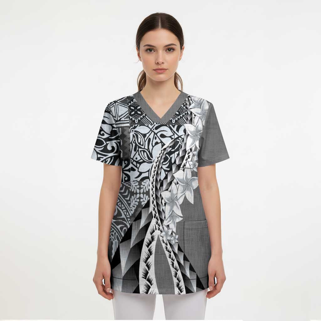 Aloha Vintage Plumeria Hawaiian Tapa Pattern Scrub Top Gray Hawaiian Tapa Pattern LT9 - Polynesian Pride