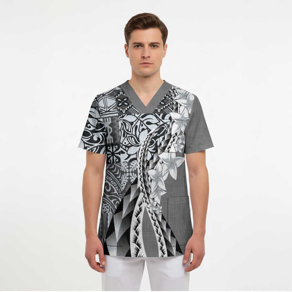 Aloha Vintage Plumeria Hawaiian Tapa Pattern Scrub Top Gray Hawaiian Tapa Pattern LT9 - Polynesian Pride