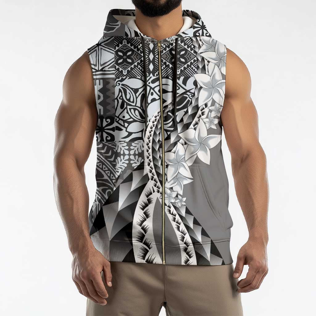 Aloha Vintage Plumeria Hawaiian Tapa Pattern Sleeveless Zip Hoodie Gray Hawaiian Tapa Pattern - Polynesian Pride