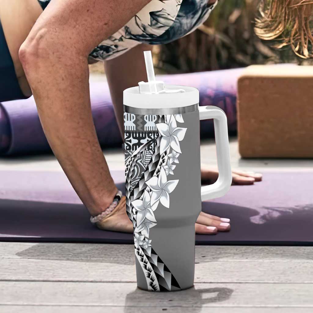 Aloha Vintage Plumeria Hawaiian Tapa Pattern Tumbler With Handle Gray Hawaiian Tapa Pattern - Polynesian Pride