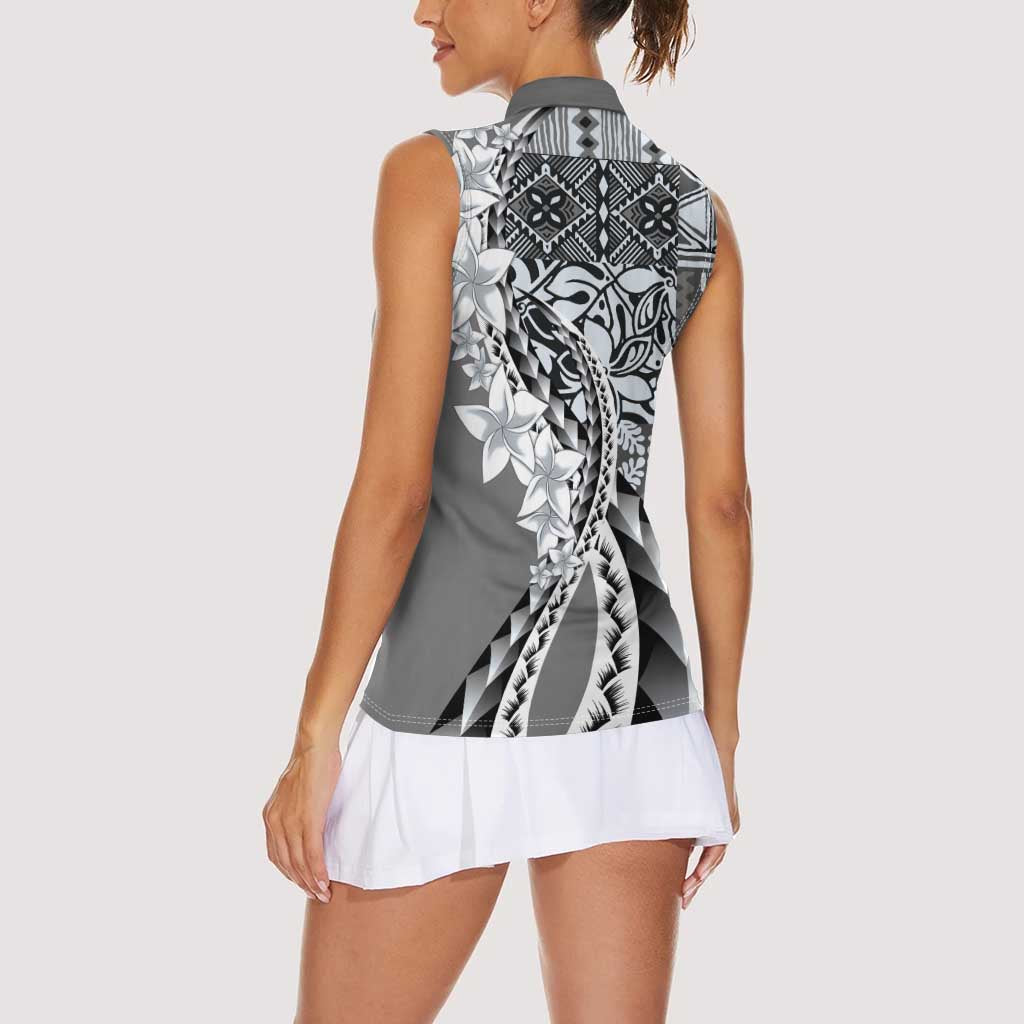 Aloha Vintage Plumeria Hawaiian Tapa Pattern Women Sleeveless Polo Shirt Gray Hawaiian Tapa Pattern - Polynesian Pride