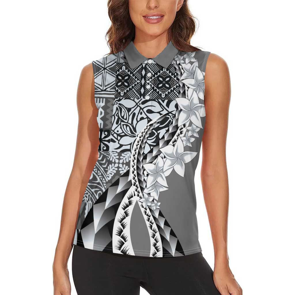 Aloha Vintage Plumeria Hawaiian Tapa Pattern Women Sleeveless Polo Shirt Gray Hawaiian Tapa Pattern - Polynesian Pride