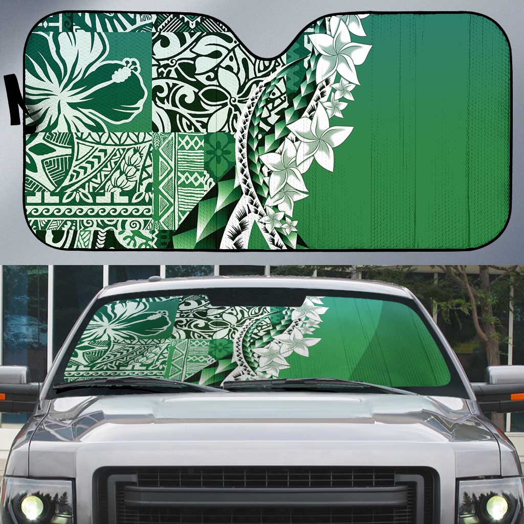Aloha Vintage Plumeria Hawaiian Tapa Pattern Auto Sun Shade Green Hawaiian Tapa Pattern - Polynesian Pride