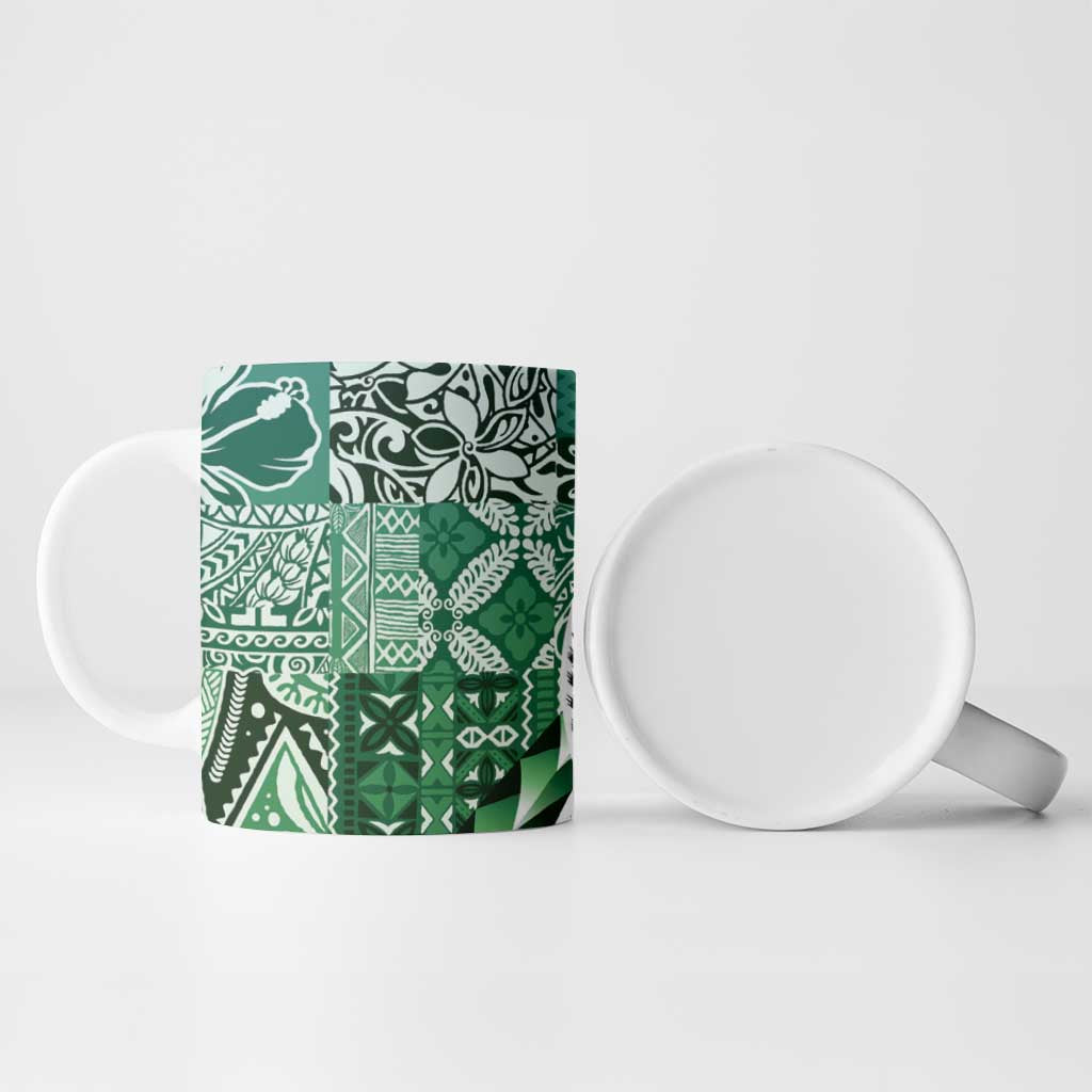Aloha Vintage Plumeria Hawaiian Tapa Pattern Ceramic Mug Green Hawaiian Tapa Pattern - Polynesian Pride