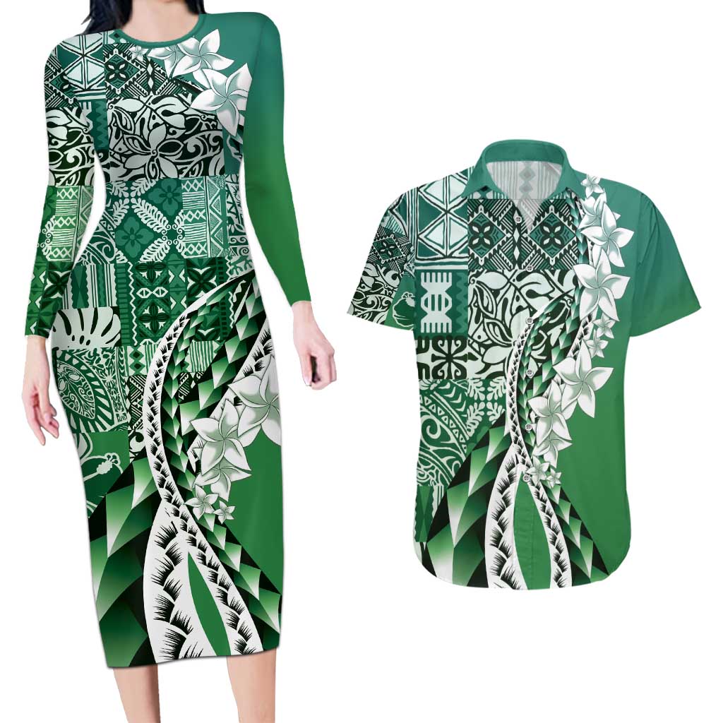 Aloha Vintage Plumeria Hawaiian Tapa Pattern Couples Matching Long Sleeve Bodycon Dress and Hawaiian Shirt Green Hawaiian Tapa Pattern - Polynesian Pride