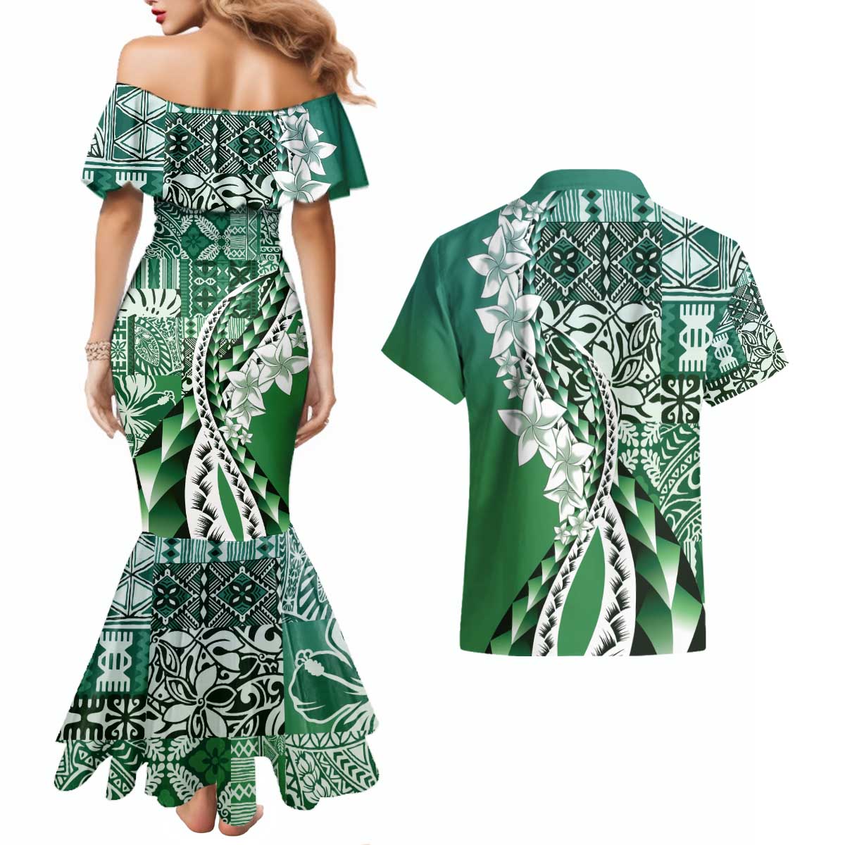 Aloha Vintage Plumeria Hawaiian Tapa Pattern Couples Matching Mermaid Dress and Hawaiian Shirt Green Hawaiian Tapa Pattern - Polynesian Pride