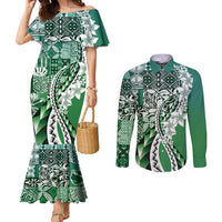 Aloha Vintage Plumeria Hawaiian Tapa Pattern Couples Matching Mermaid Dress and Long Sleeve Button Shirt Green Hawaiian Tapa Pattern - Polynesian Pride