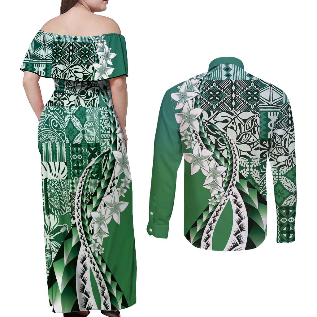 Aloha Vintage Plumeria Hawaiian Tapa Pattern Couples Matching Off Shoulder Maxi Dress and Long Sleeve Button Shirt Green Hawaiian Tapa Pattern - Polynesian Pride