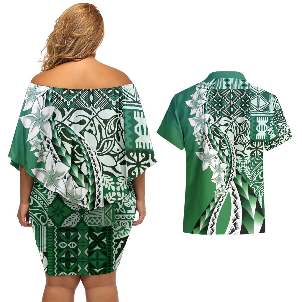 Aloha Vintage Plumeria Hawaiian Tapa Pattern Couples Matching Off Shoulder Short Dress and Hawaiian Shirt Green Hawaiian Tapa Pattern - Polynesian Pride