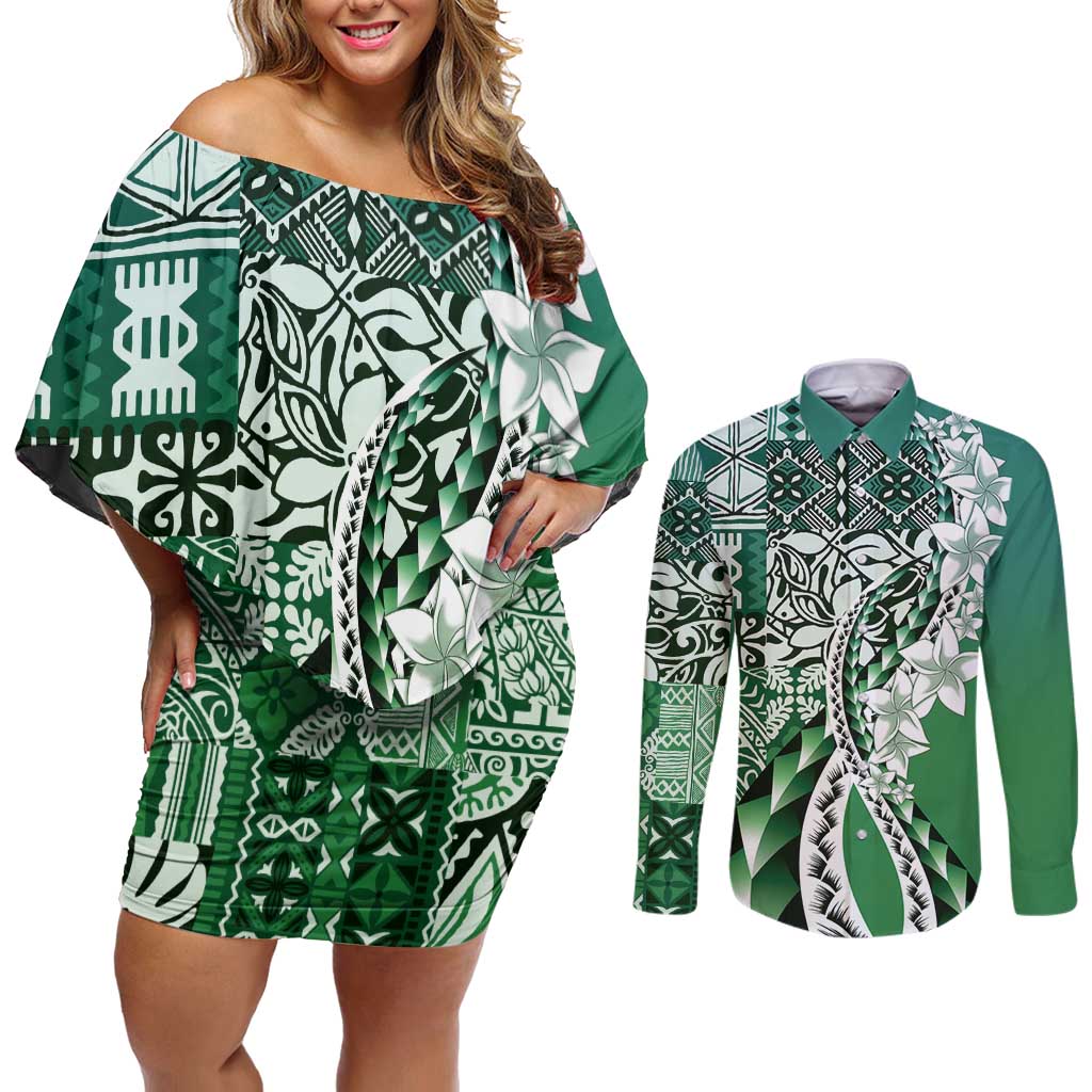 Aloha Vintage Plumeria Hawaiian Tapa Pattern Couples Matching Off Shoulder Short Dress and Long Sleeve Button Shirt Green Hawaiian Tapa Pattern - Polynesian Pride