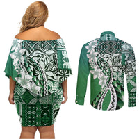 Aloha Vintage Plumeria Hawaiian Tapa Pattern Couples Matching Off Shoulder Short Dress and Long Sleeve Button Shirt Green Hawaiian Tapa Pattern - Polynesian Pride