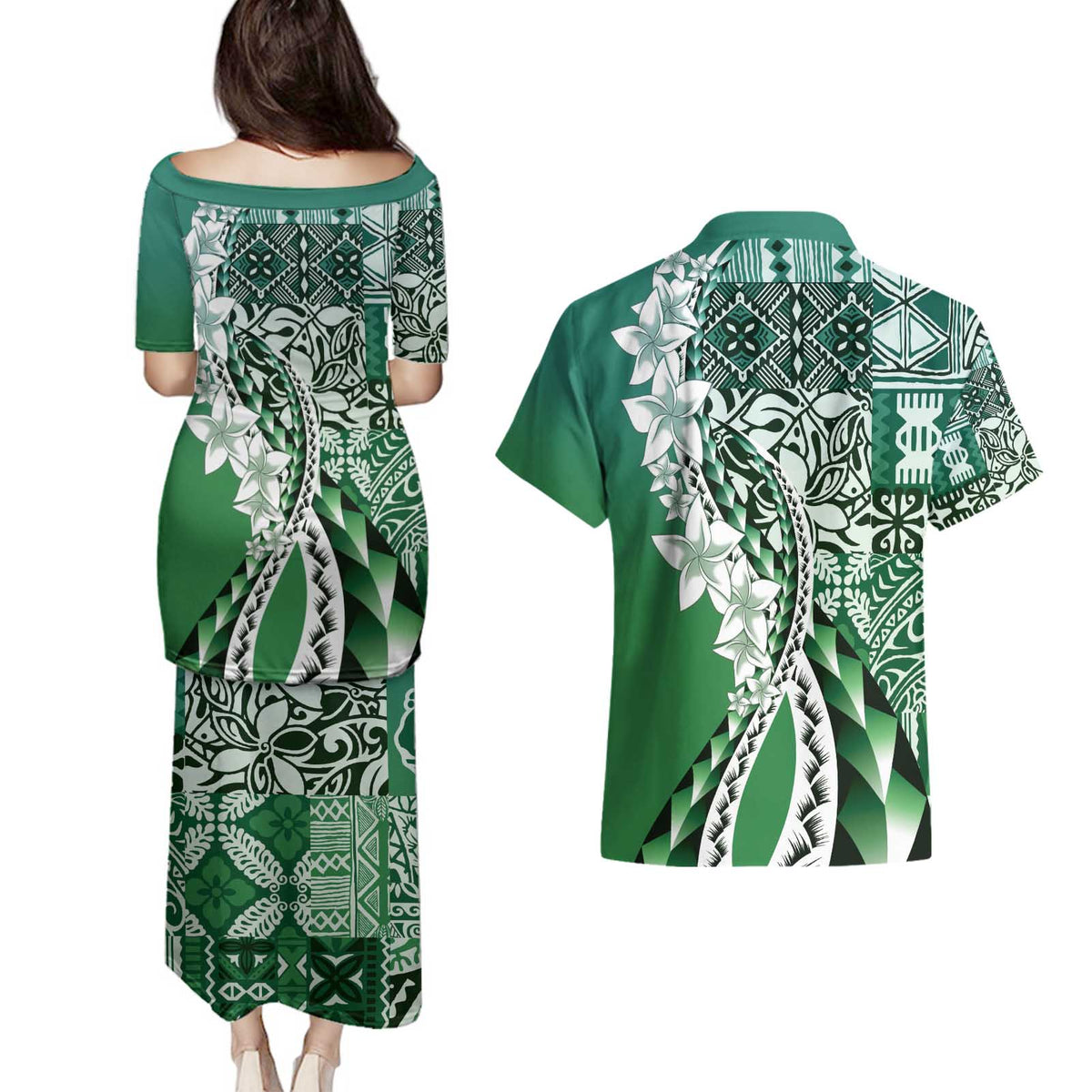 Aloha Vintage Plumeria Hawaiian Tapa Pattern Couples Matching Puletasi and Hawaiian Shirt Green Hawaiian Tapa Pattern - Polynesian Pride