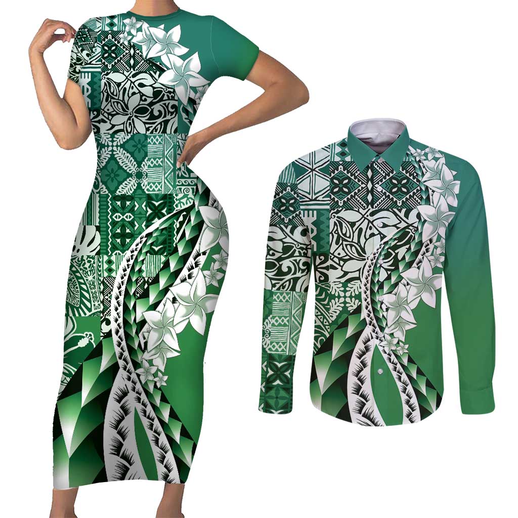 Aloha Vintage Plumeria Hawaiian Tapa Pattern Couples Matching Short Sleeve Bodycon Dress and Long Sleeve Button Shirt Green Hawaiian Tapa Pattern - Polynesian Pride