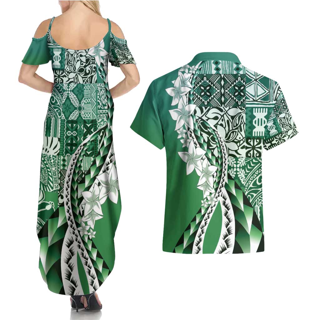 Aloha Vintage Plumeria Hawaiian Tapa Pattern Couples Matching Summer Maxi Dress and Hawaiian Shirt Green Hawaiian Tapa Pattern - Polynesian Pride