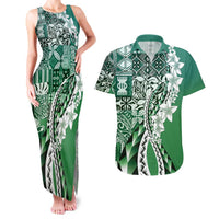 Aloha Vintage Plumeria Hawaiian Tapa Pattern Couples Matching Tank Maxi Dress and Hawaiian Shirt Green Hawaiian Tapa Pattern - Polynesian Pride