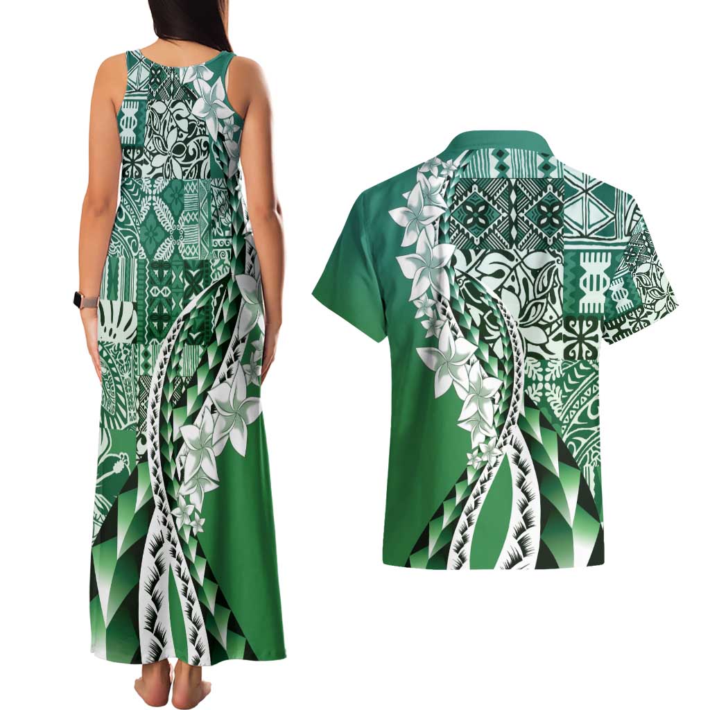 Aloha Vintage Plumeria Hawaiian Tapa Pattern Couples Matching Tank Maxi Dress and Hawaiian Shirt Green Hawaiian Tapa Pattern - Polynesian Pride