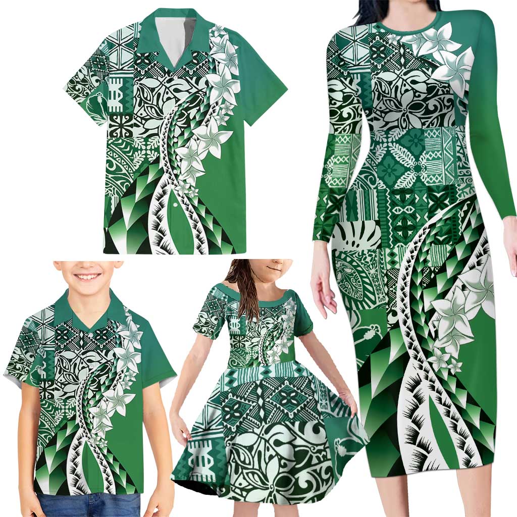 Aloha Vintage Plumeria Hawaiian Tapa Pattern Family Matching Long Sleeve Bodycon Dress and Hawaiian Shirt Green Hawaiian Tapa Pattern - Polynesian Pride
