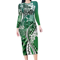 Aloha Vintage Plumeria Hawaiian Tapa Pattern Family Matching Long Sleeve Bodycon Dress and Hawaiian Shirt Green Hawaiian Tapa Pattern - Polynesian Pride