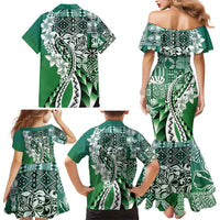 Aloha Vintage Plumeria Hawaiian Tapa Pattern Family Matching Mermaid Dress and Hawaiian Shirt Green Hawaiian Tapa Pattern - Polynesian Pride