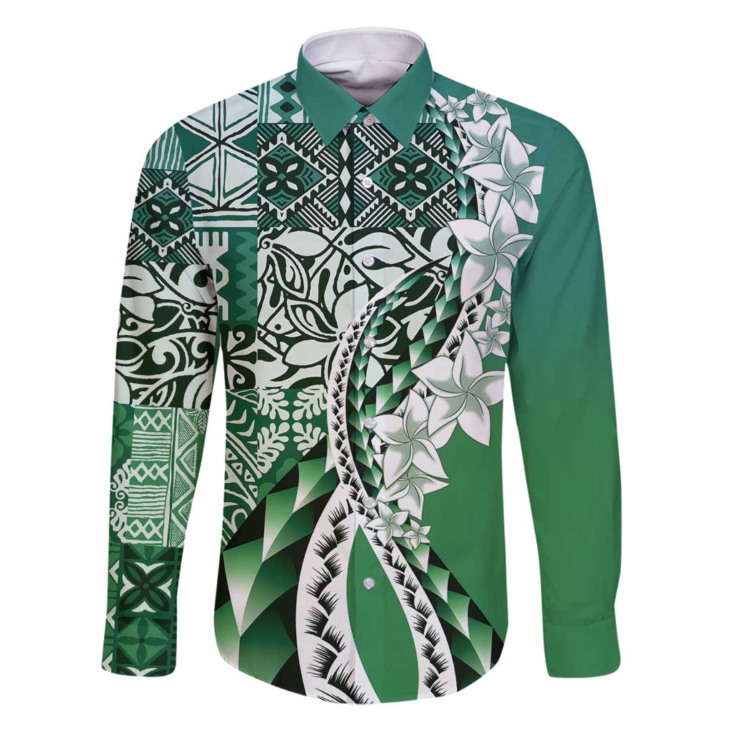 Aloha Vintage Plumeria Hawaiian Tapa Pattern Family Matching Off Shoulder Maxi Dress and Hawaiian Shirt Green Hawaiian Tapa Pattern - Polynesian Pride