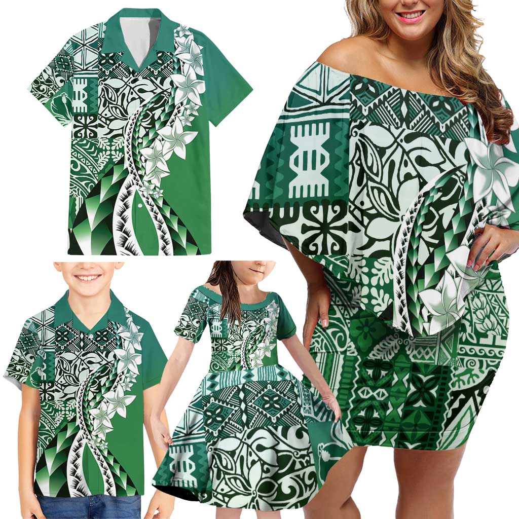 Aloha Vintage Plumeria Hawaiian Tapa Pattern Family Matching Off Shoulder Short Dress and Hawaiian Shirt Green Hawaiian Tapa Pattern - Polynesian Pride