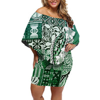 Aloha Vintage Plumeria Hawaiian Tapa Pattern Family Matching Off Shoulder Short Dress and Hawaiian Shirt Green Hawaiian Tapa Pattern - Polynesian Pride