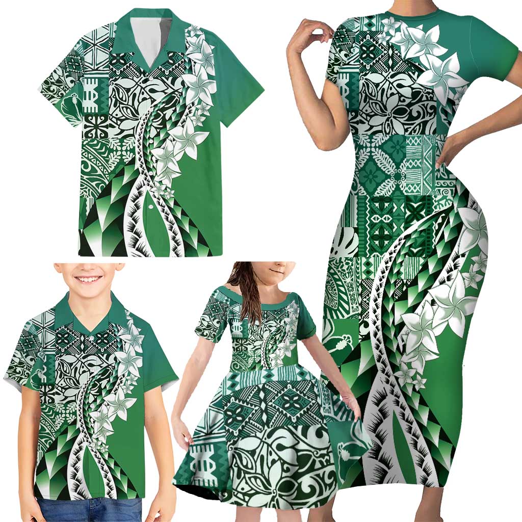 Aloha Vintage Plumeria Hawaiian Tapa Pattern Family Matching Short Sleeve Bodycon Dress and Hawaiian Shirt Green Hawaiian Tapa Pattern - Polynesian Pride