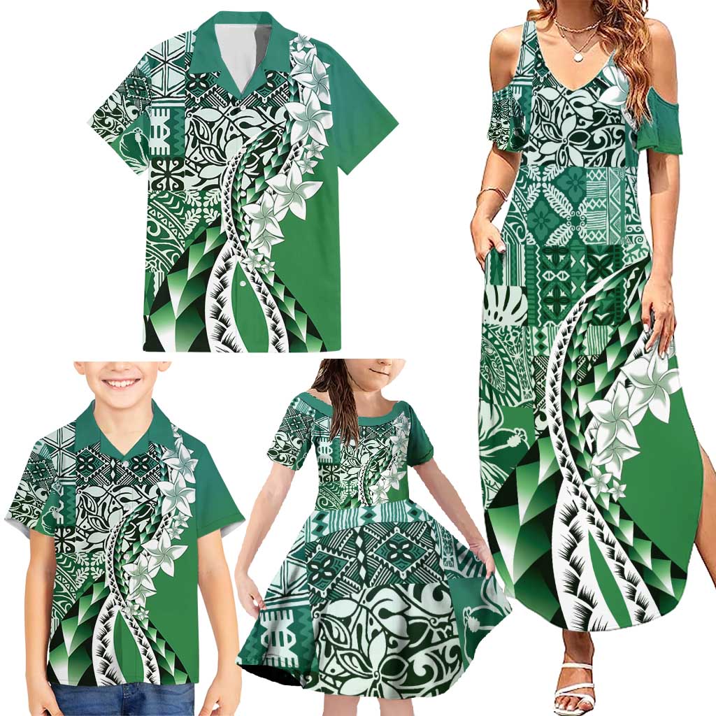 Aloha Vintage Plumeria Hawaiian Tapa Pattern Family Matching Summer Maxi Dress and Hawaiian Shirt Green Hawaiian Tapa Pattern - Polynesian Pride