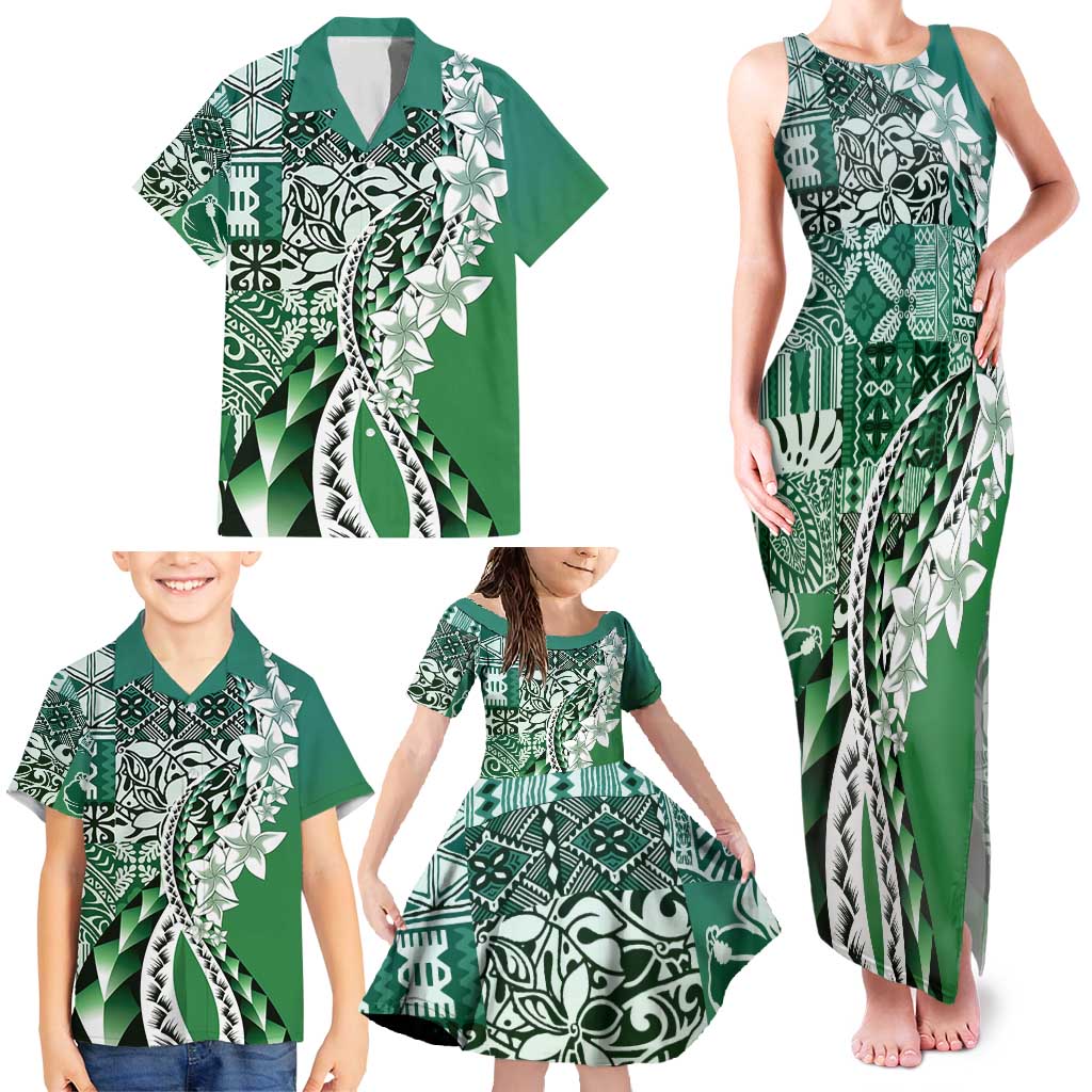 Aloha Vintage Plumeria Hawaiian Tapa Pattern Family Matching Tank Maxi Dress and Hawaiian Shirt Green Hawaiian Tapa Pattern - Polynesian Pride