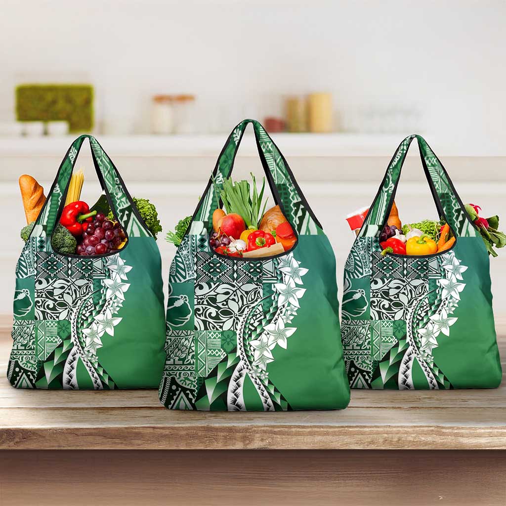 Aloha Vintage Plumeria Hawaiian Tapa Pattern Grocery Bag Green Hawaiian Tapa Pattern - Polynesian Pride