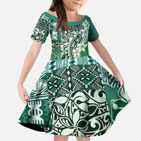 Aloha Vintage Plumeria Hawaiian Tapa Pattern Kid Short Sleeve Dress Green Hawaiian Tapa Pattern LT9 KID Green - Polynesian Pride