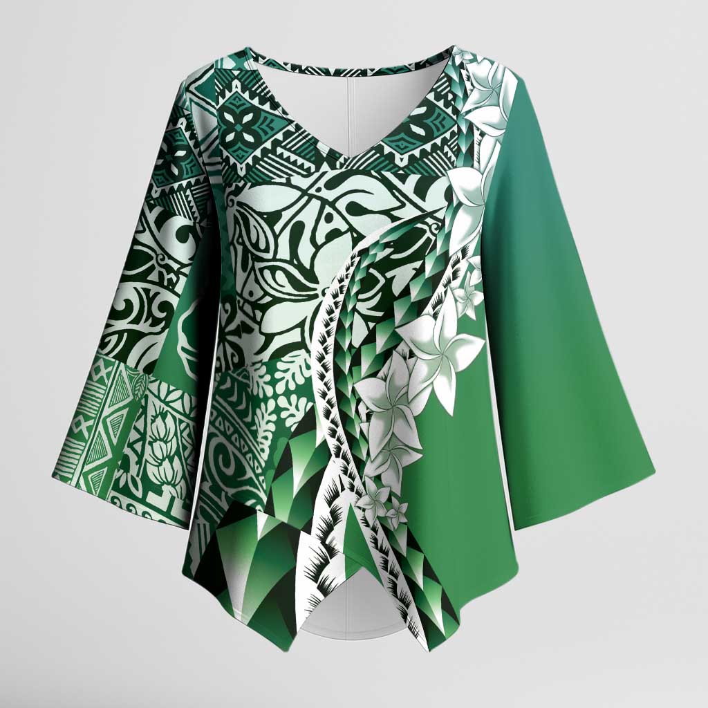 Aloha Vintage Plumeria Hawaiian Tapa Pattern Kimono Sleeve Blouse Green Hawaiian Tapa Pattern - Polynesian Pride