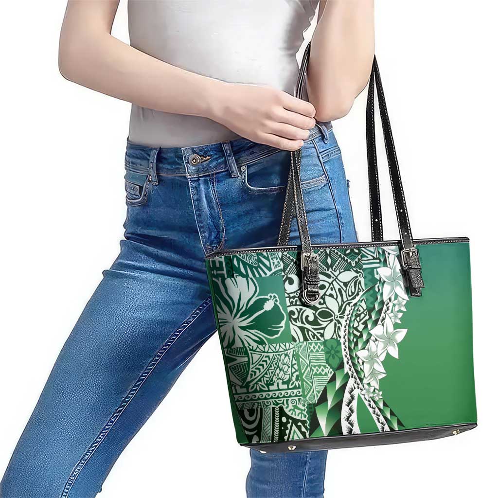 Aloha Vintage Plumeria Hawaiian Tapa Pattern Leather Tote Bag Green Hawaiian Tapa Pattern - Polynesian Pride