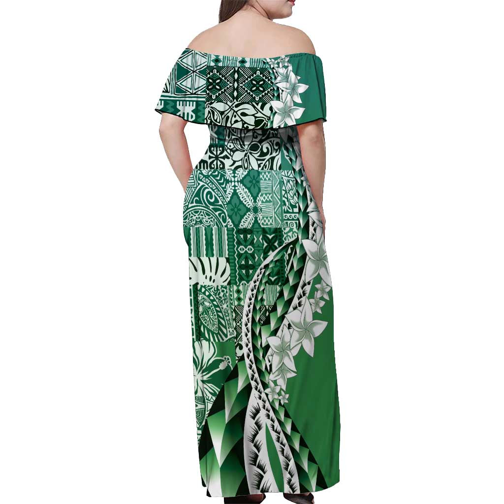 Aloha Vintage Plumeria Hawaiian Tapa Pattern Off Shoulder Maxi Dress Green Hawaiian Tapa Pattern - Polynesian Pride