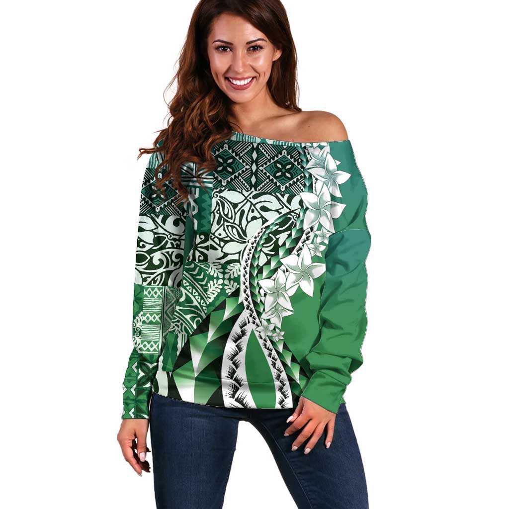 Aloha Vintage Plumeria Hawaiian Tapa Pattern Off Shoulder Sweater Green Hawaiian Tapa Pattern LT9 Women Green - Polynesian Pride