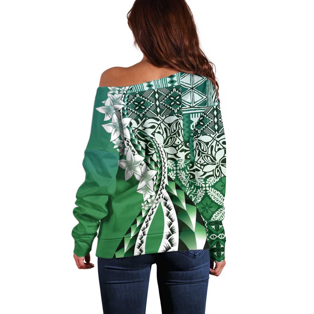 Aloha Vintage Plumeria Hawaiian Tapa Pattern Off Shoulder Sweater Green Hawaiian Tapa Pattern LT9 - Polynesian Pride