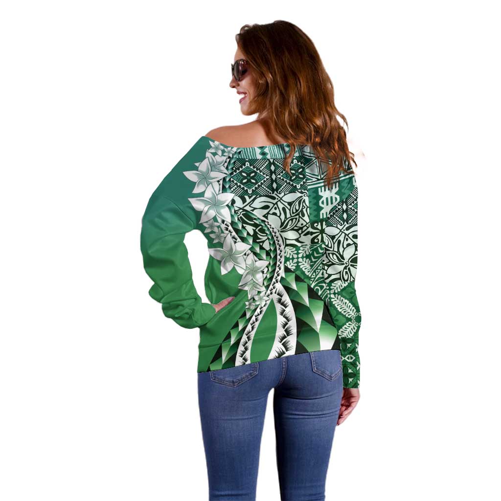 Aloha Vintage Plumeria Hawaiian Tapa Pattern Off Shoulder Sweater Green Hawaiian Tapa Pattern LT9 - Polynesian Pride