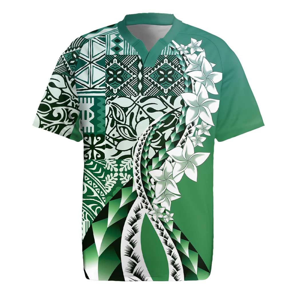 Aloha Vintage Plumeria Hawaiian Tapa Pattern Rugby Jersey Green Hawaiian Tapa Pattern - Polynesian Pride