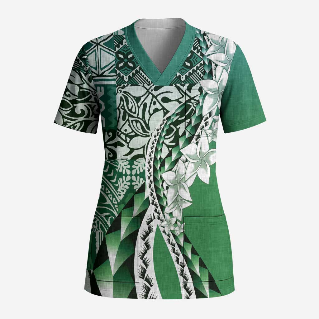 Aloha Vintage Plumeria Hawaiian Tapa Pattern Scrub Top Green Hawaiian Tapa Pattern LT9 Adult Green - Polynesian Pride